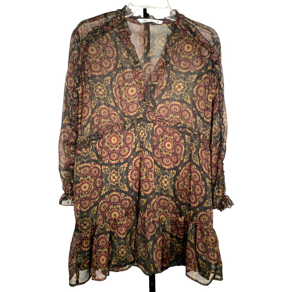 Zara women's Sheer Chiffon Floral Long Sleeve Dress Size Small blouson bohemian